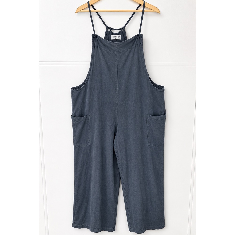 Vanilla Star Women Large Gray Blue Linen Blend Wide Leg Overalls Jumpsuit